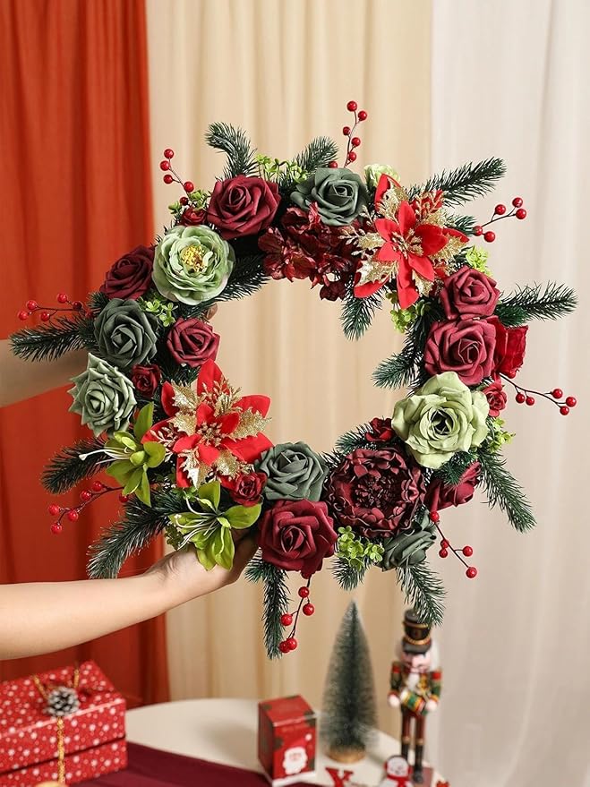 Christmas Artificial Flowers Box Silk Fake Roses with Stems for DIY Christmas Tree Wreath Decor,Floral Arrangement Cake Table Centerpieces Wedding Bouquet Baby Shower Birthday Home Decor