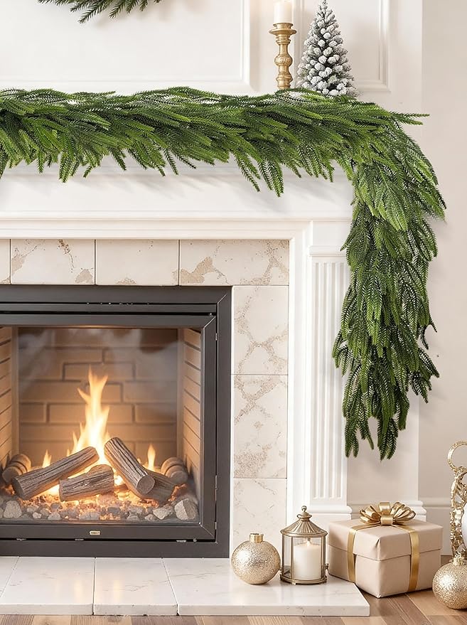 2 Pcs 9 Ft Christmas Garland Real Touch Norfolk Pine Garland Christmas Decorations Realistic Greenery Winter Pine Garland for Mantle, Table, Stairs, Fireplace Indoor Outdoor Home Holiday Xmas Decor