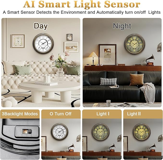 Illuminated Large Metal Outdoor Clocks Waterproof 18 Inches With AI Auto Light Smart Sensor,Extra Big Indoor Outdoor Wall Clocks With Thermometer & Hygrometer for Patio, Pool, Garden,Porch