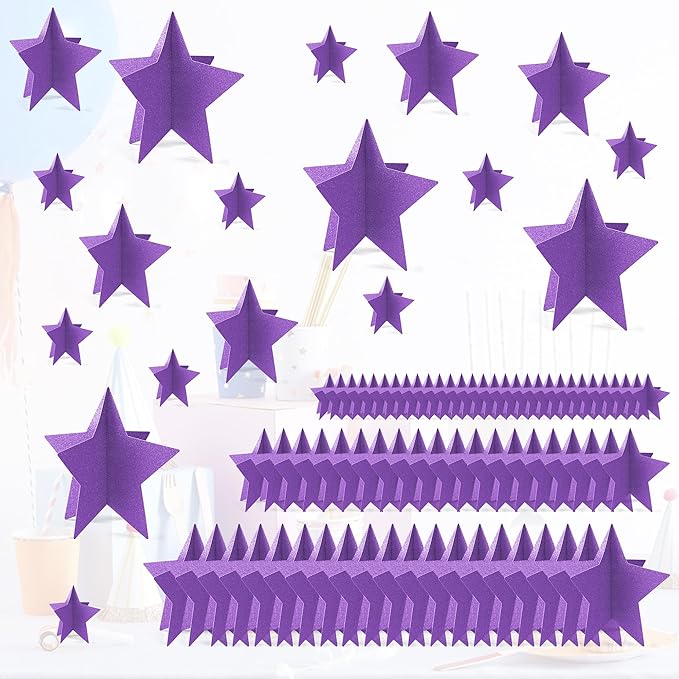 70 Pcs Star Centerpieces Purple Birthday Decorations for Women Girls Men 3D Glitter Star Party Decoration Princess Birthday Table Decor Party Supplies for Graduation Engagement Baby Shower
