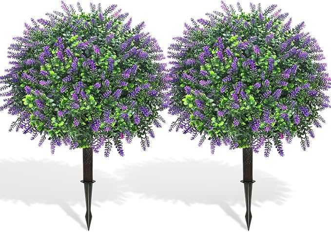 Artificial Lavender Topiary Ball Trees, 2 Set of 20’’ Artificial Shrub Bushes with Ground Spike,UV Resistant Faux Greenery Shrubs,Fake Evergreen Boxwood Plants for Garden, Yard, Porch, Patio Decor