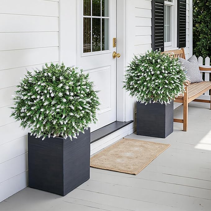 HyeFlora 26'' Artificial Topiary Boxwood Ball Trees with Lavender 2 Pack Fake Plants for Outdoor Indoor Artificial Shrubs with Ground Spike UV Resistant Fake Bushes for Front Porch Garden (White)