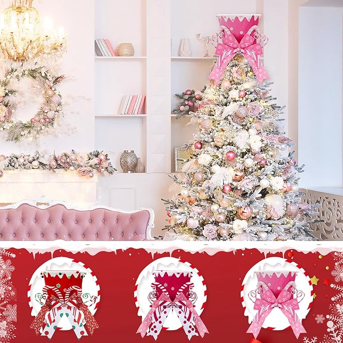 Jenaai Christmas Tree Topper Hat Candy Canes Tree Topper with Striped Bow Ribbon and Lollipop Christmas Decorations Desktop Ornaments Xmas Festive Gift for Home Xmas Holiday Winter Decor (Pink)