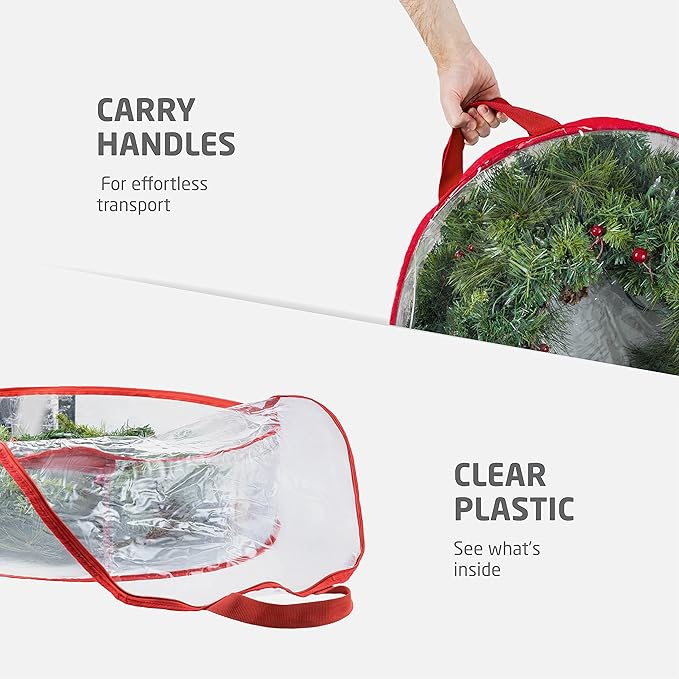 ZOBER 2 Pack Christmas Wreath Storage Container 30 Inch - Wreath Bag for Artificial Wreaths Box - Dual Zippered Wreaths Storage Bag with Durable Stitch Reinforced Handles - Red