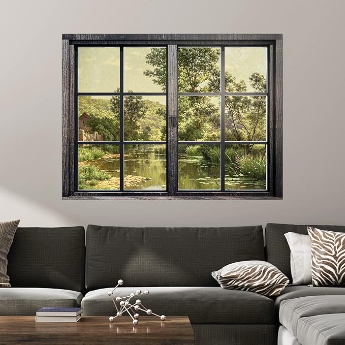 SIGNWIN Removable Wall Sticker/Wall Mural Window View Dark Green Spring Tree Forest Lake Nature Wilderness Fine Art Vintage Decorative Landscape Digital Art for Living Room, Bedroom, Office - 24"x32"