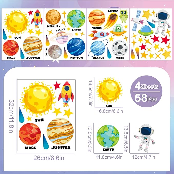 Outer Space Wall Decals 4 Sheets 58 Pcs Planets, Rocket & Astronaut Wall Stickers Removable Nursery Decor for Kids Bedroom, Playroom, Classroom Peel & Stick Space Theme Decals for Boys Girls