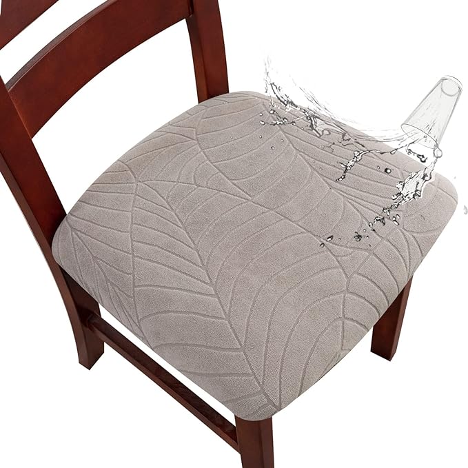 Genina Waterproof Seat Covers for Dining Room Chairs, Stretch Chair Covers Removable Washable Dinning Room Kitchen Chair Seat Covers Slipcovers (Leaves-Warm Gray, 4 PCS)