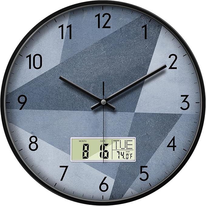 SCAOGE Industrial Wall Clock with Day Week Temperature Grayish Blue Non-Ticking Digital Clocks Large Display Battery Operated Wall Mount Analog Clock with Date for Living Room Bedroom Decor 14 Inch