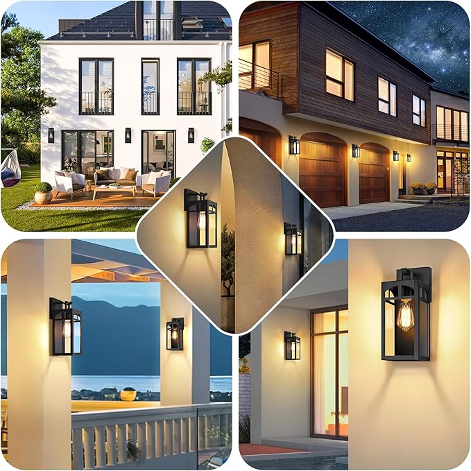 Outdoor Wall Lanterns, Exterior Waterproof Matte Black Wall Light Fixtures, Sconces Lighting with Clear Glass Shade, Anti-Rust E26 Socket Lights for Porch Entryway Patio, 2 Pack
