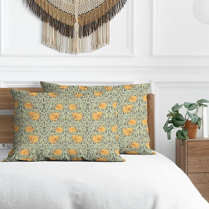 William Morris Pillow Protectors with Zipper Standard Size Orange Floral Botanical Print Pillow Covers Set of 2 Vintage Flower Antique Pillow Cases Mid Century Modern Bed Pillow Covers 20"x30"