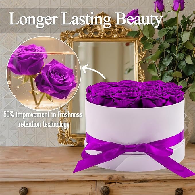 Preserved Roses in a Box, Blooming Real Roses Decor, Eternal Flowers for Delivery Prime, Best Gifts Birthday, Wedding, Anniversary, Mother's Day for Her, 12-Pieces (Purple)