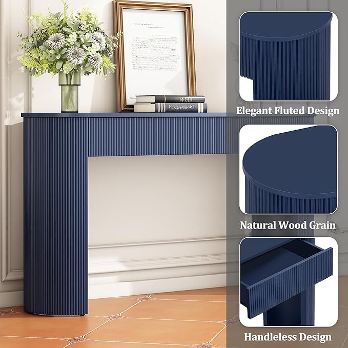 Modern Versatile Console Table with Oval Top and 2 Drawers, Wooden 54'' Long Entryway Table Accent Sofa Table for Hallway Living Room, Unique Vertical Stripe Design (Navy-1.27)