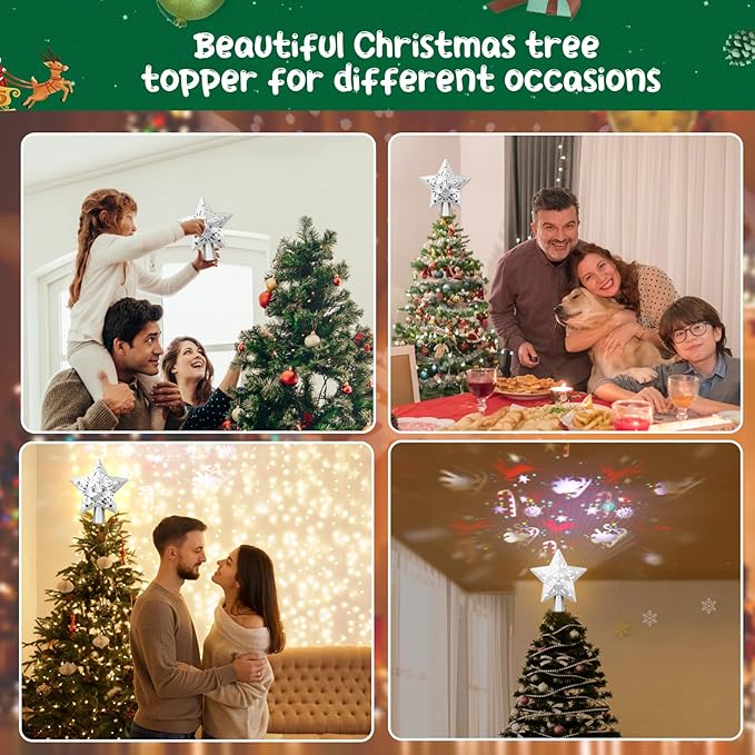 Christmas Tree Topper, Christmas Star Tree Topper Built-in LED Rotating Lights, Plug in 3D Sliver Glittered Star Tree Topper for Xmas Party Holiday Decorations