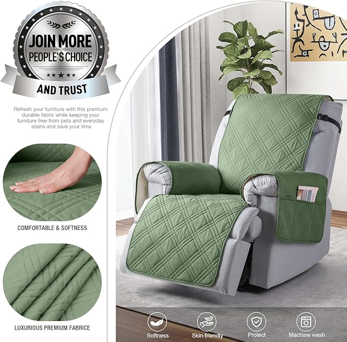 TAOCOCO 100% Waterproof Recliner Chair Cover, Non Slip Recliner Covers for Recliner Chair with Pocket, Washable Reclining Chair Cover Furniture Protector for Kids,Dogs(23.6'', Bean Green)