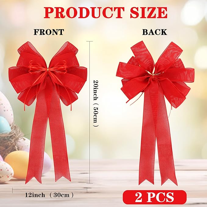 2 Pack Red Christmas Tree Bows 12x20inch Large Burlap Wreath Bow with Glitter String for Christmas Tree Topper,Home Front Door Decor, Easter Bow,Valentines and Party Decor