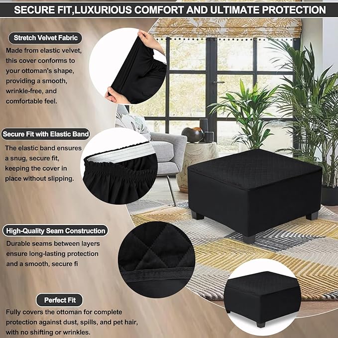 NeColorLife Waterproof Ottoman Cover,Thick Stretch Velvet Slipcover for Square Footstool, Non-Slip Durable Washable Protector for Pets and Dogs,Black,X-Large