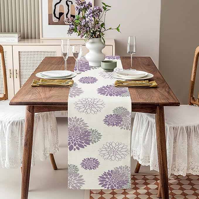 Purple Dahlia Table Runner Modern Elegant Flower Beige Table Runners Geometric Pompon Farmhouse Coffee Table Center Decor for Home Kitchen Dining Party Indoor Outdoor (13x108 Inch)