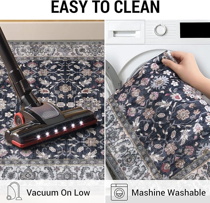 KUTA Vintage 8x10 Area Rugs for Living Room, Washable Large Rug for Bedroom 8ft x 10ft Non-Slip, Grey Black Beige Ultra Thin Soft Printed Traditional Floral Distressed Dining Room Low-Pile Carpet