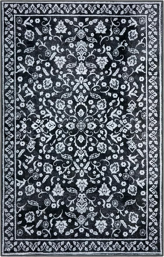 Vintage 3x5 Washable Rug for Entryway, Super Soft Black White Entryway Rug Non-Slip, Printed Faux Wool Floral 3x5 Area Rug Thin Floor Carpet for Kitchen, Bedroom, Office, Living Room