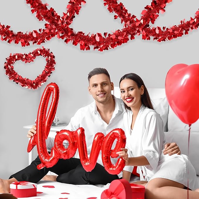 Valentines Day Garland Decor 50FT Red Heart Tinsel Garland Metallic Hanging Garlands Glitter Streamers Valentines Day Decorations for Home Mantel Table Indoor Outdoor Galentines Party Romantic Decor