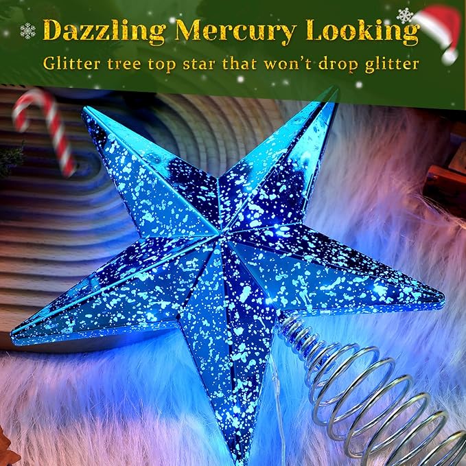 Blue Christmas Tree Star Topper with Lights, 8.5-Inch Light-Up Christmas Tree Topper with Remote Control, 4 Brightness Levels & 8 Light Modes, Faux Mercury Glitter Design with 20 Lights