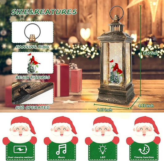 Christmas Cardinal Snow Globe 12.5In High, Musical Cardinal Lantern with 6 Hour Timer and Batteries Powered Retro Style Holiday Glitter Globe for Xmas Indoor Decoration and Santa Gifts