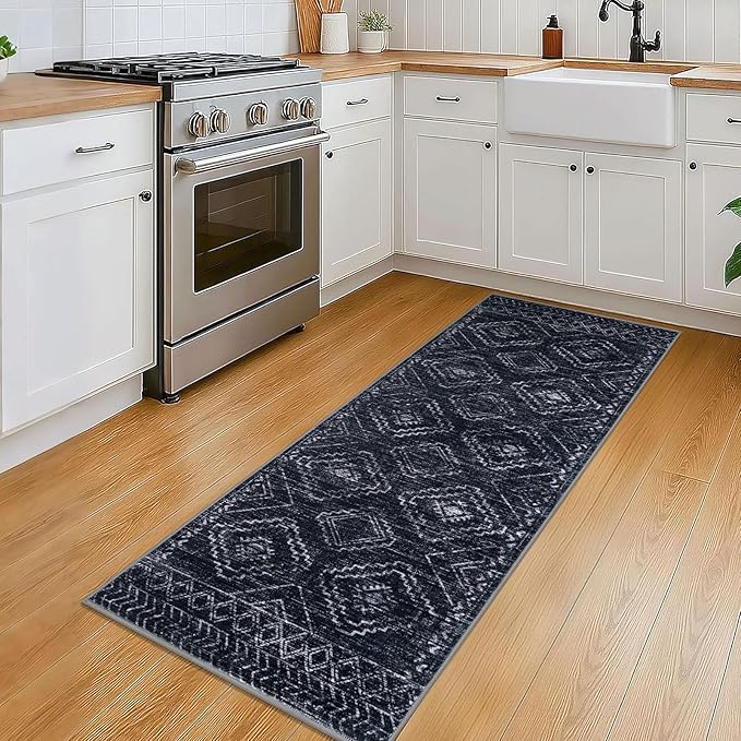 KILOCOCO Boho Kitchen Runner Rug 2x5 Washable Runner Rug, Soft Runners for Hallways Non Slip Printed Distressed Laundry Room Rug, Low-Pile Rug for Entryway/Bedroom/Living Room, Black/Navy
