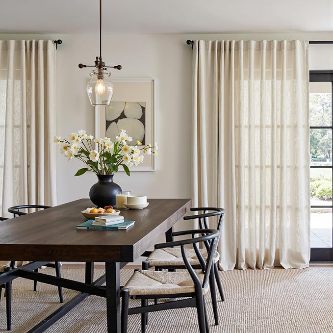 jinchan Beige Linen Blend Curtain 90 Inches Length 1 Panel for Sliding Door, Light Filtering 100 Inches Extra Wide Living Room Natural Drape with Rod Pocket Back Tab (100W x 90L, Ecru)