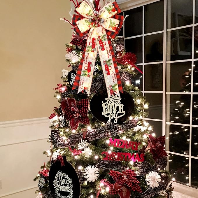 Christmas Tree Topper Bow with 30 LED Lights Decorations, 13”x25” Xmas Large Red Black Buffalo Plaid Rustic Farmhouse Wreath Bows with Truck Berries Pine Cones Pine Needles for Front Door Outdoor