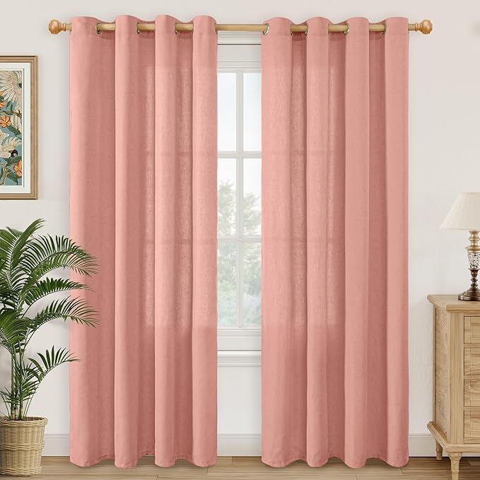 YoungsTex Dusty Rose Linen Curtains for Living Room 80 Inches Length, Light Filtering Grommet Window Drapes No See Through for Girls Bedroom Nursery Spring Decor, 2 Panels, 52 X 80 Inch