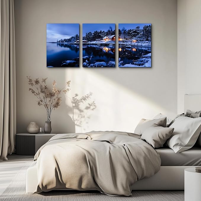 Snow in winter Wall Art for living room Canvas Prints Artwork bathroom Wall Decor Quiet blue lakes and villages painting 3 Pieces Framed bedroom wall decorations Office Home Decor