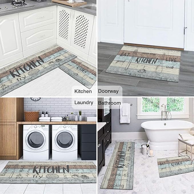 Kitchen Rugs Sets of 2 - Non Slip Washable Microfiber Kitchen Rug, Farmhouse Country Kitchens Rugs and Mats for Decor, Sink, Stove, Laundry, Machine Washable,（17"x 48"+17"x 24"）