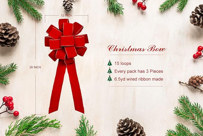 3pcs Red Velvet Ribbon Christmas Bows with Golden Wire, Handmade(26"x 12") Wired Large Ribbons, Thanksgiving/Christmas Tree Topper, Garland/Wreath, Tree Topper Decor