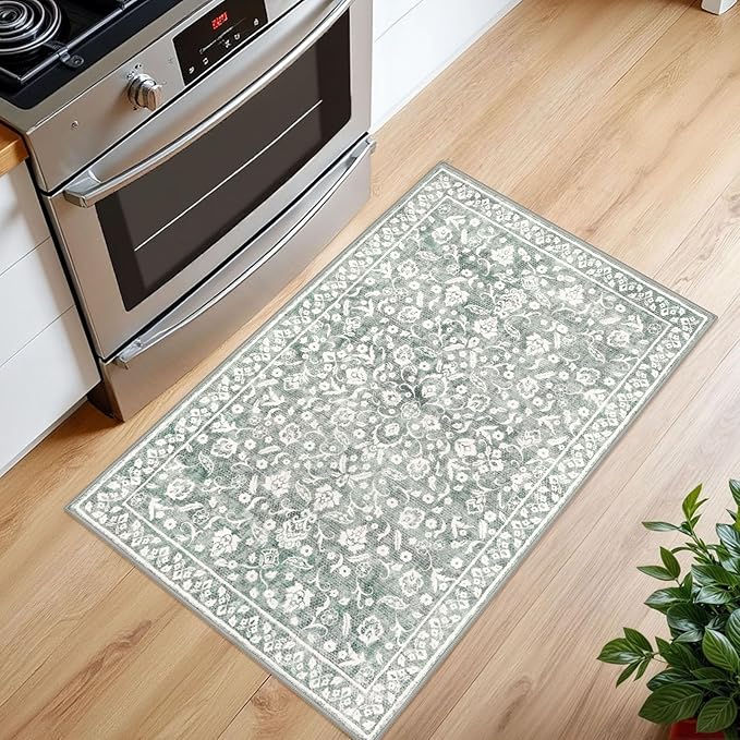 Vintage Washable Rug 2x3, Sage Green Grey Small Area Rugs for Entryway, Floral Super Soft Kitchen Rugs, Low-Pile Throw Rugs Indoor Door Mat Thin Print Faux Wool Carpet for Entrance, Office