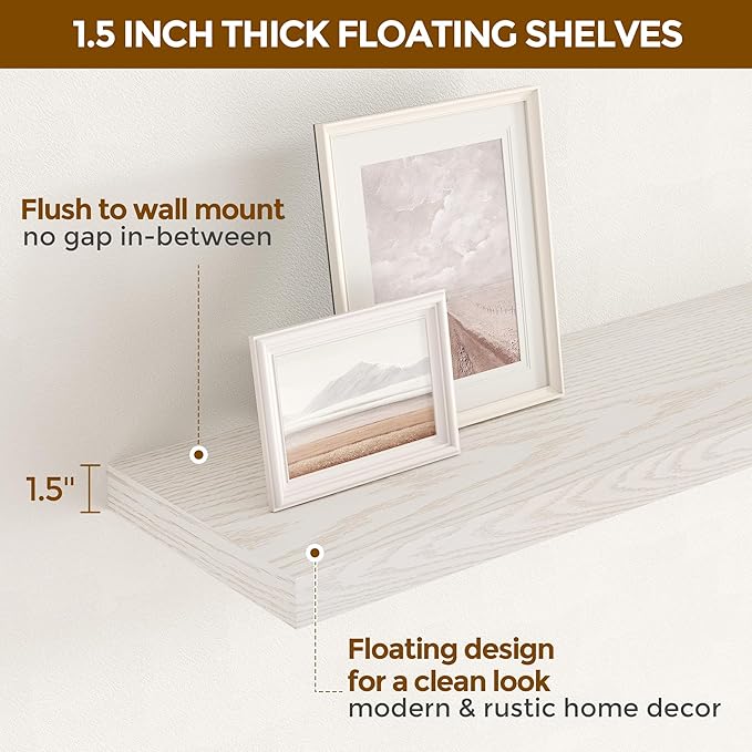 Fun Memories 55 Inch Long Floating Shelves for Wall, 55x9.3 Large Floating Shelf for Bedroom, Kitchen, Bathroom, Wall Mounted Rustic Wood Shelves with Invisible Bracket for Books, Decor, Brich