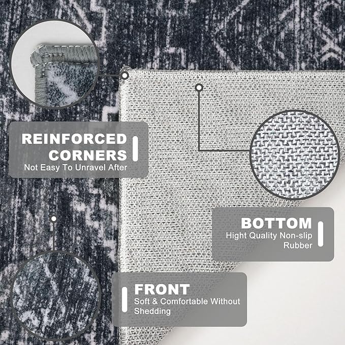 KILOCOCO Boho Kitchen Runner Rug 2x6 Washable Runner Rug, Soft Runners for Hallways Non Slip Printed Distressed Laundry Room Rug, Low-Pile Rug for Entryway/Bedroom/Living Room, Charcoal