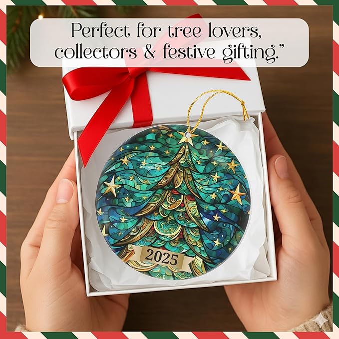Christmas Tree Ornament 2025 – Stained Glass Style Round Acrylic Decoration – Collectible Dated Christmas Ornaments 2025 for Tree, Holiday Decor, Navidad Decorations