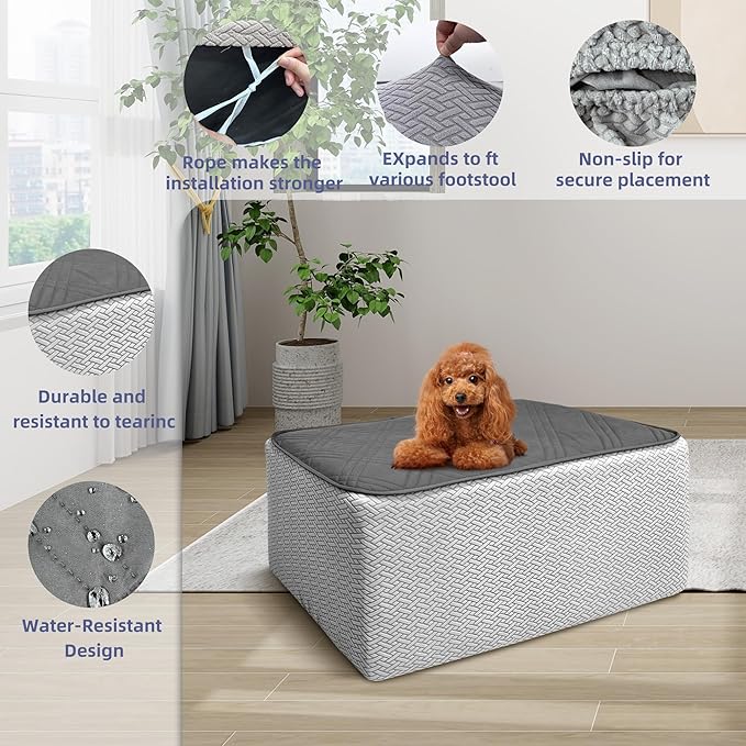 MEHIDFY Ottoman Cover, Waterproof Square Stool Slipcover, Quilted Stretch Furniture Protector, 28-32 Inches, Machine Washable (Grey, Medium)