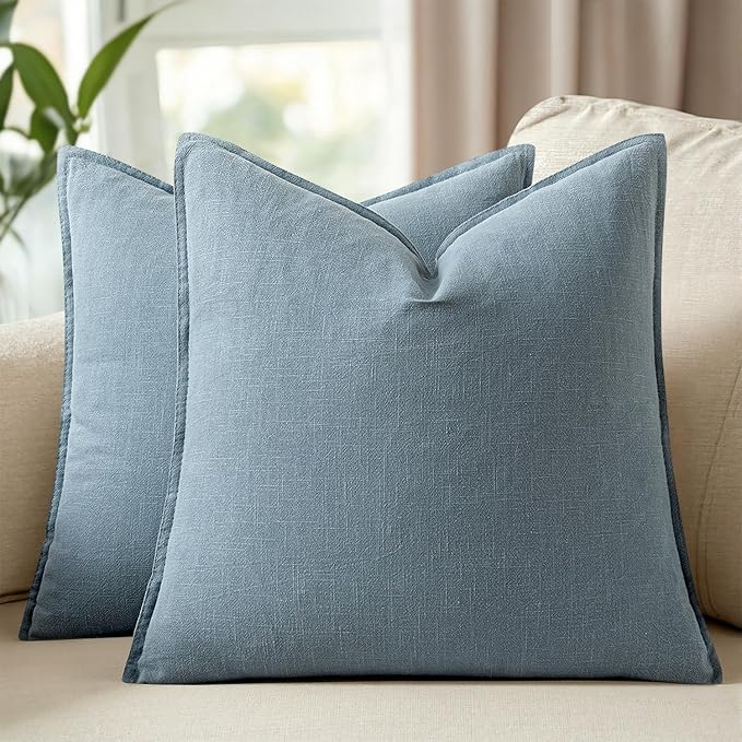 Woaboy 20x20 Inch Set of 2 Decorative Linen Solid Throw Pillow Covers Boho Accent Farmhouse Couch Pillowcases Modern Netural Home Decor for Couch Sofa Living Room Bed,Coastal Blue