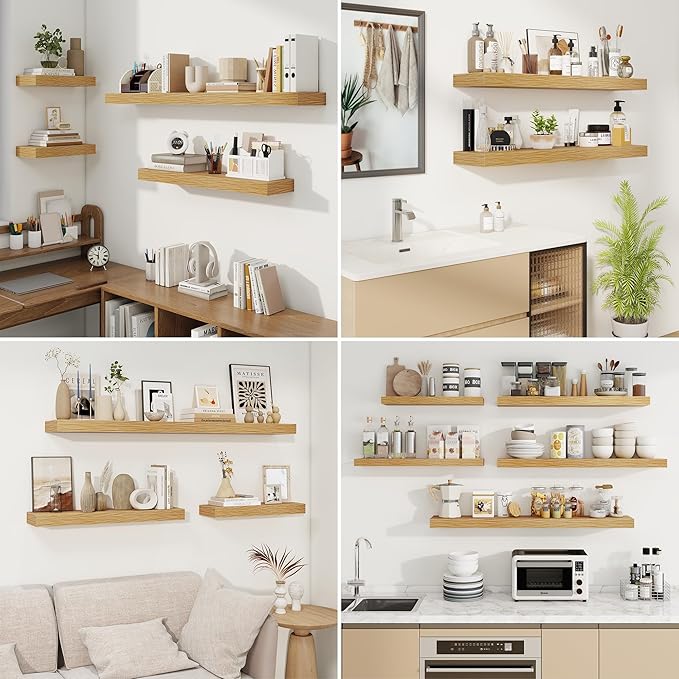 fuqing Floating Shelves for Wall, Wall Mounted Wood Floating Shelf with Invisible Brackets for Living Room, Bathroom, Bedroom, Kitchen Storage and Decor, 40 Inch Set of 2, Oak