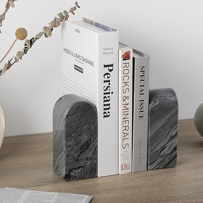 Koville African Natural Marble Bookends for Shelves, 7lbs Heavy-Duty Marble Book Holders, Decorative Book Ends, Bookshelf Apartment Decor for Normal Books/CD/Video Games