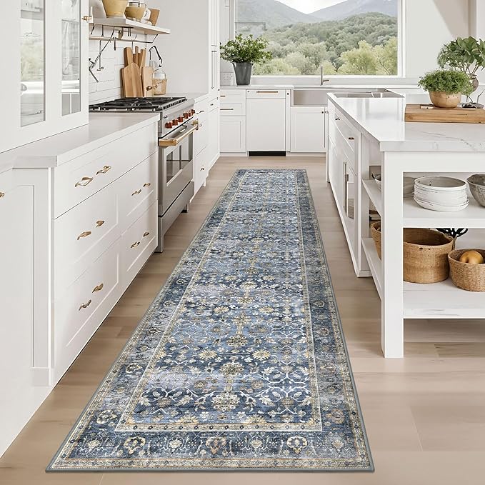 KUTA Vintage Long Runners for Hallways, 2.6x12 Blue Grey Beige Washable Non-Slip Kitchen Rugs Ultra Thin Soft Printed Distressed Oriental Floral Floor Carpet for Laundry Bedroom Living Room Nursery