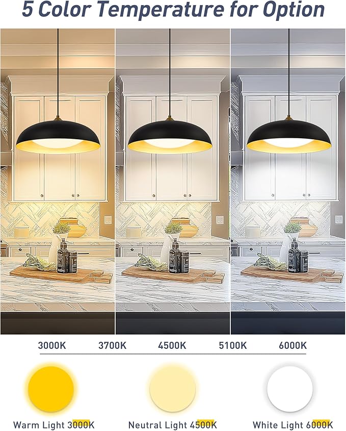 kudos 15 Inch Large LED Pendant Lights, Black and Gold Pendant Light Fixtures, Modern Hanging Lights for Kitchen Island, Dining Room, Living Room, Bedroom, 5CCT Adjustable, KDPL02-BK