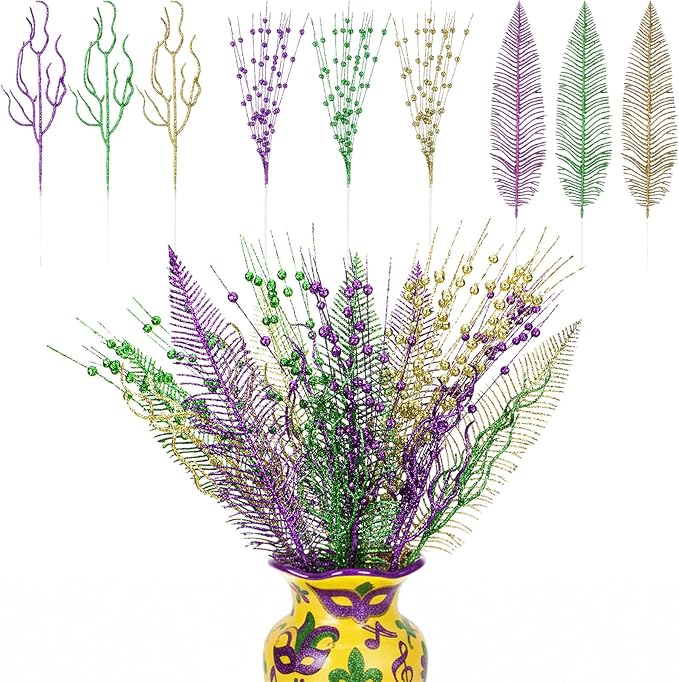 18 Pcs Mardi Gras Glitter Tree Picks Purple Gold Green Centerpiece Table Decor 17.7 Inch Mardi Gras Tree Topper Decor Branches Ornaments Carnival Decoration(Novelty)