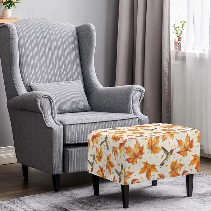 Fall Maple Leaves Ottoman Cover with Hummingbird - Elastic Stretch Slipcover, Machine Washable Furniture Protector for Rectangular Footstools, 30x24x15 inch