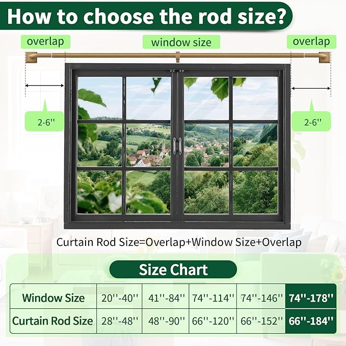 Boho Wood Grain Curtain Rods for Windows 66-184 Inch(5.5-15.3ft) Heavy Duty Wrap Around Blackout Curtain Rods, Adjustable Room Darkening Drapery Rod for Bedroom, Living Room & Outdoor, Stainless Steel