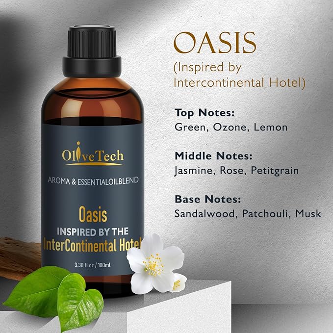 Hotel Diffuser Oil Inspired by Intercontinental Hotel Oasis Scent, OliveTech Aromatherapy Fragrance Oil for Cold Air & Ultrasonic Diffusers, 100ml / 3.38 ft oz Glass Bottle