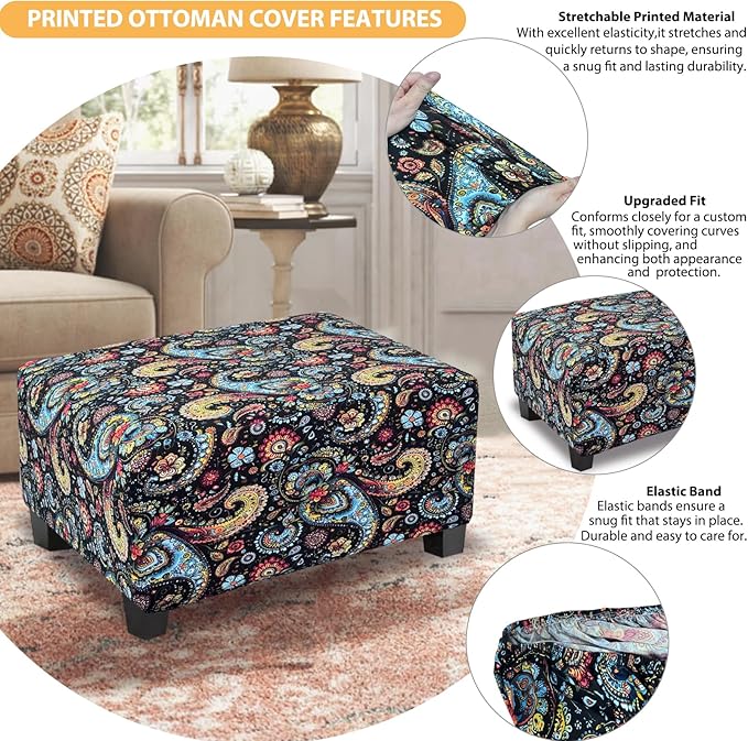 Ottoman Cover Rectangle Printed,Stretch Slipcover for Rectangular Footstool,Soft Fabric with Non-Slip Elastic Bottom,Furniture Protector for Living Room or Bedroom,X-Large,Flower F