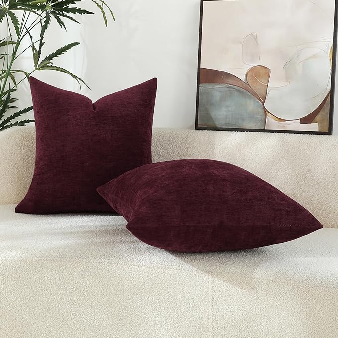 Burgundy Red Chenille Decorative Couch Throw Pillow Covers, Soft Cushion Cases for Home Livingroom Sofa Décor, Pack of 2, 14 x 14 Inches