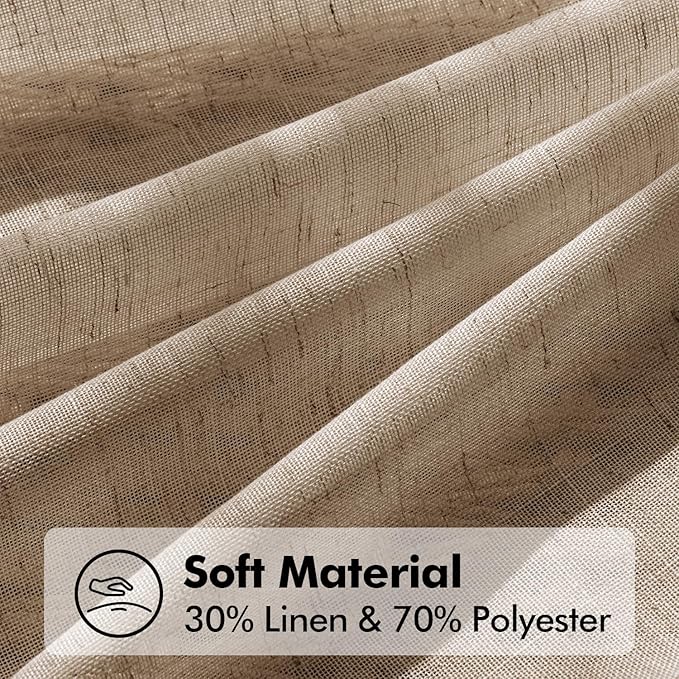 ANRODUO Taupe Linen Curtains 102 Inches Long 2 Panels Light Filtering Sheer Back Tab Rod Pocket Drapes Cotton Linen Textured Window Curtain 102 Inch Length for Bedroom Patio Sliding Glass Door